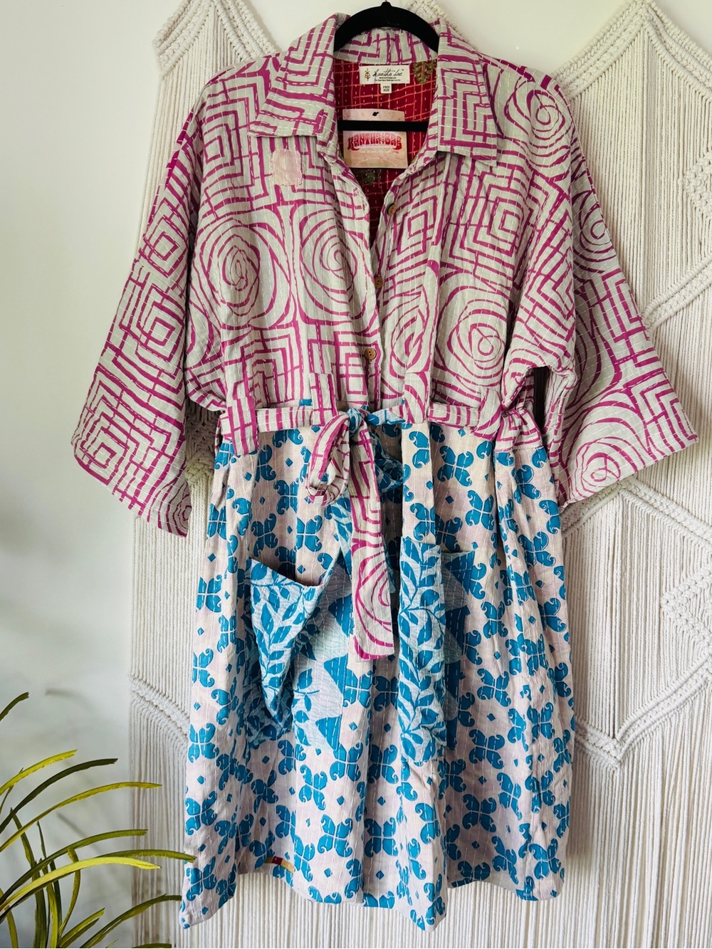 Kantha Bae Zen Romper Shortall Pink/Blue Vintage Sari Cotton Kantha Pants OS NWT